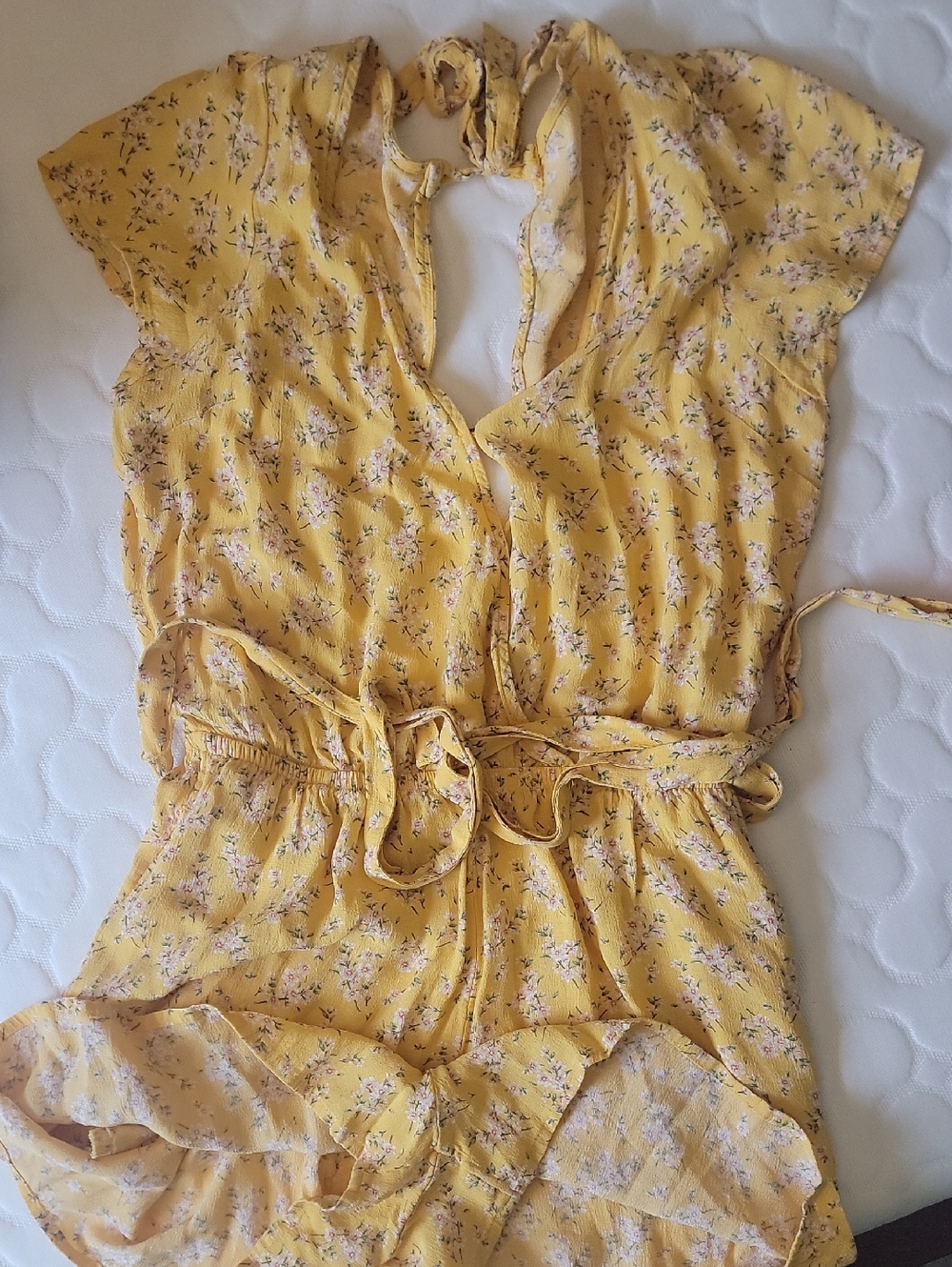 American Eagle Yellow Floral Tie-Waist Romper with Pink Blossoms